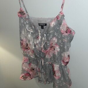 Express Women's Gray and Pink Floral Blouse